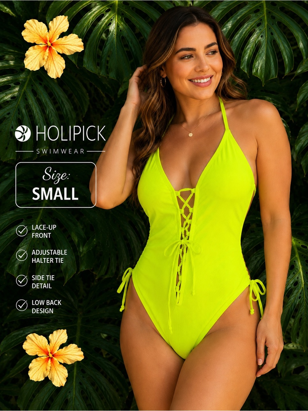 Holipick Women's Neon Yellow Lace-Up One-Piece Swimsuit
